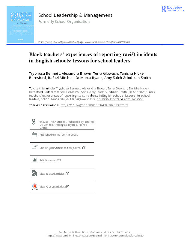 Black teachers’ experiences of reporting racist incidents in English schools: Lessons for school leaders Thumbnail