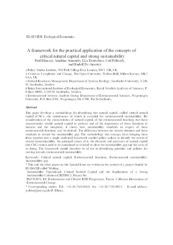 A framework for the practical application of the concepts of critical natural capital and strong sustainability Thumbnail