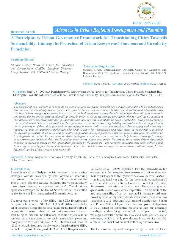 A participatory urban governance framework for transitioning cities towards sustainability: linking the protection of urban ecosystems’ functions and circularity principles Thumbnail