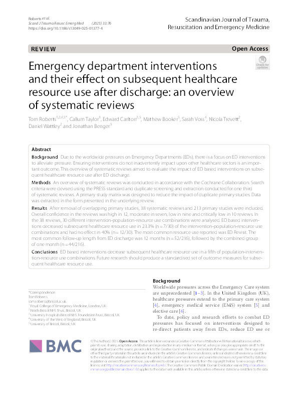 Emergency department interventions and their effect on subsequent healthcare resource use after discharge: An overview of systematic reviews Thumbnail