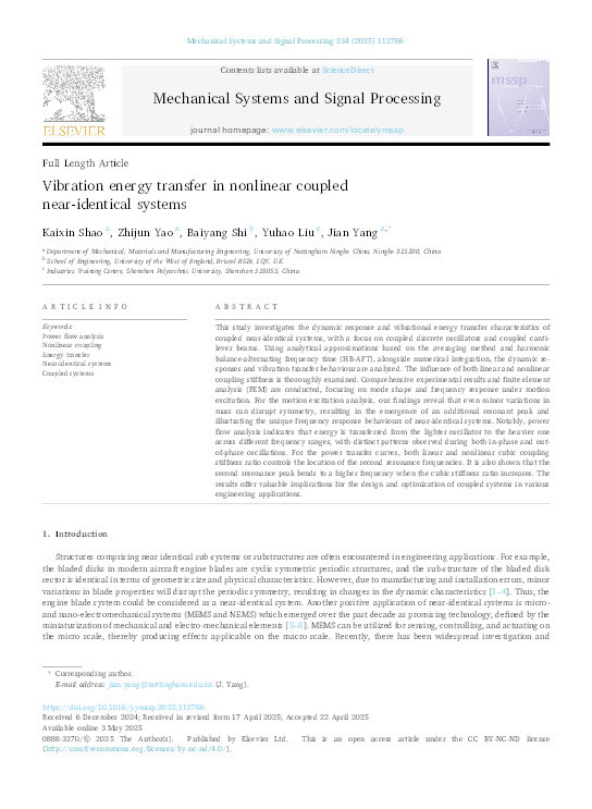 Vibration energy transfer in nonlinear coupled near-identical systems Thumbnail
