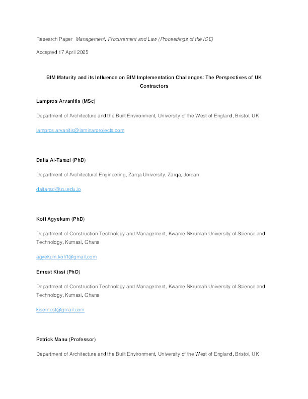 BIM maturity and its influence on BIM implementation challenges: The perspectives of UK contractors Thumbnail