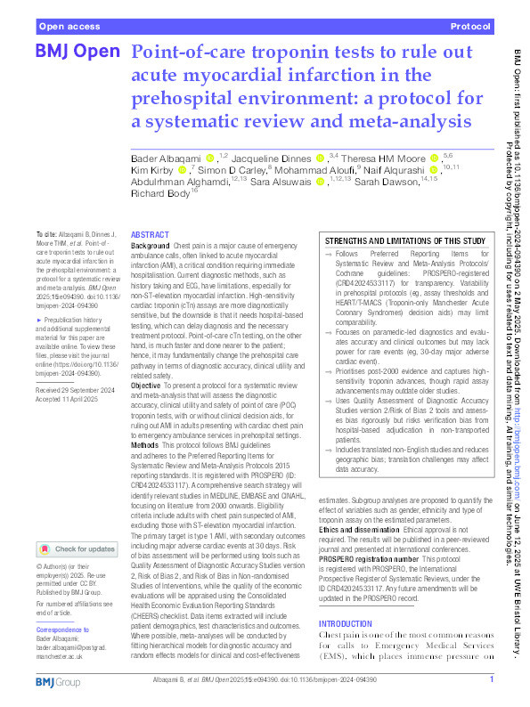 Point-of-care troponin tests to rule out acute myocardial infarction in the prehospital environment: A protocol for a systematic review and meta-analysis Thumbnail