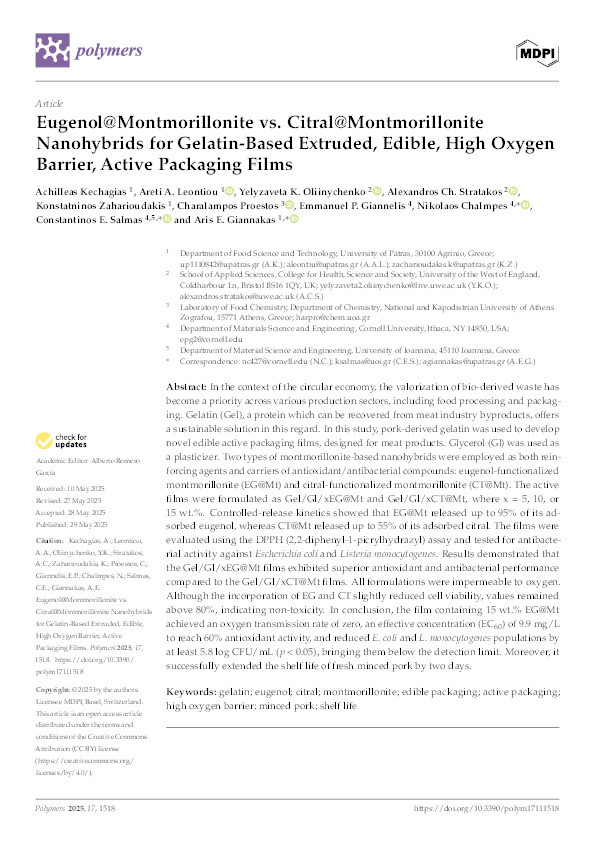 Eugenol@Montmorillonite vs. Citral@Montmorillonite Nanohybrids for gelatin-based extruded, edible, high oxygen barrier, active packaging films Thumbnail