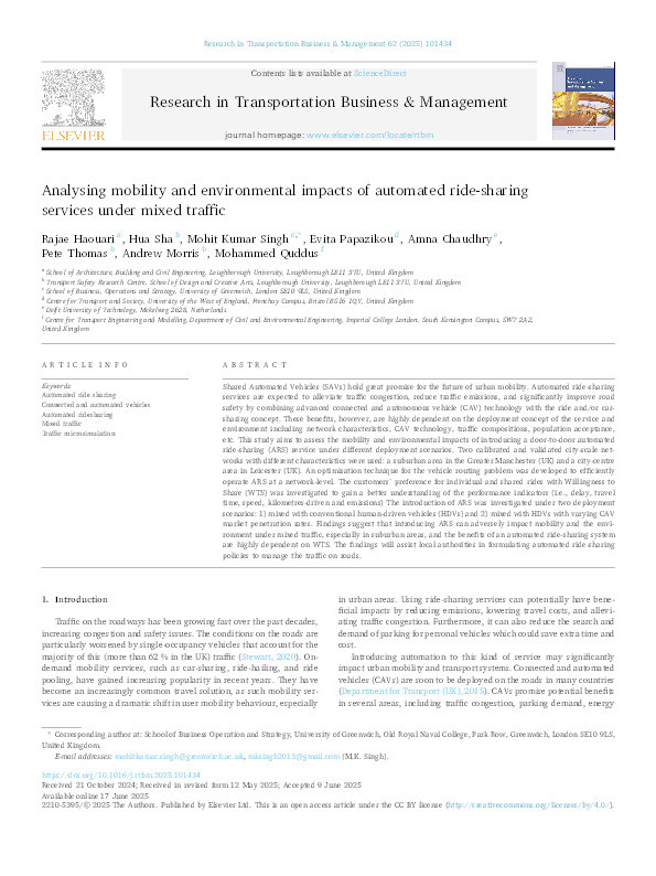 Analysing mobility and environmental impacts of automated ride-sharing services under mixed traffic Thumbnail