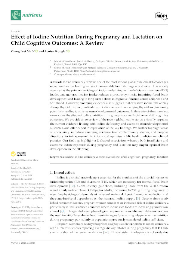 Effect of iodine nutrition during pregnancy and lactation on child cognitive outcomes: A review Thumbnail