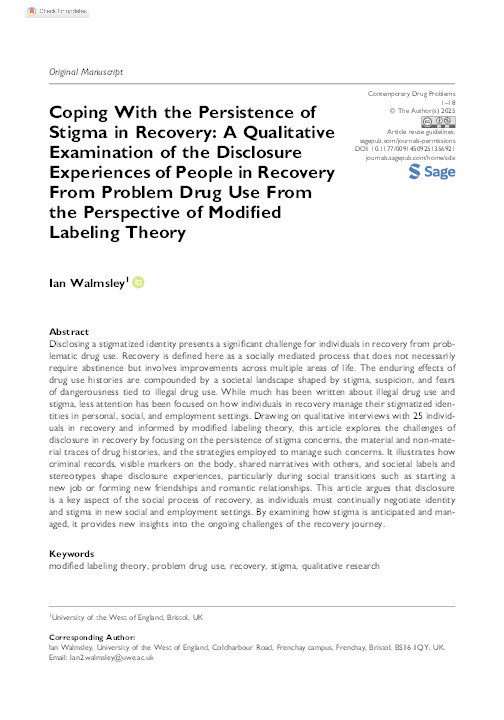 Coping with the persistence of stigma in recovery: A qualitative examination of the disclosure experiences of people in recovery from problem drug use from the perspective of modified labelling theory Thumbnail