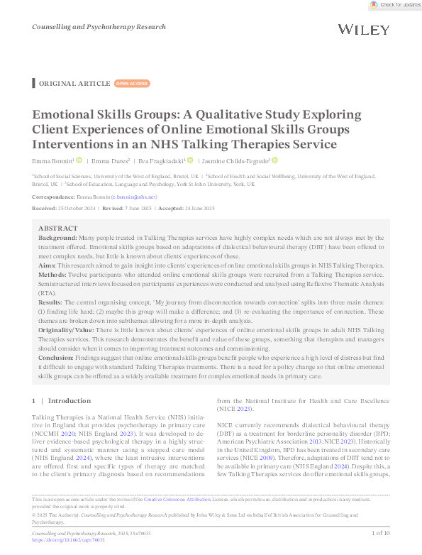 Emotional Skills Groups: A qualitative study exploring client experiences of online emotional skills group interventions in an NHS Talking Therapies service Thumbnail