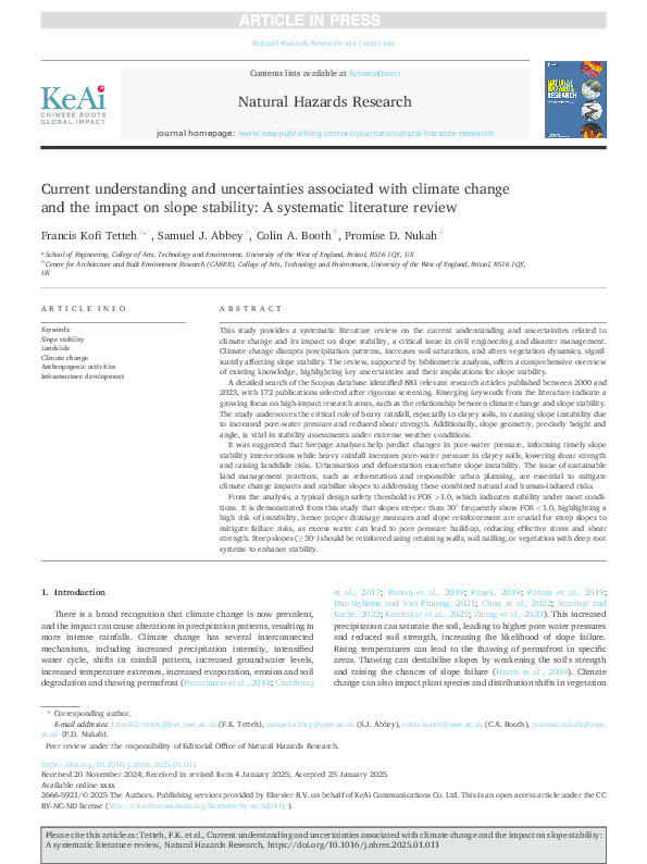 Current understanding and uncertainties associated with climate change and the impact on slope stability: A systematic literature review Thumbnail