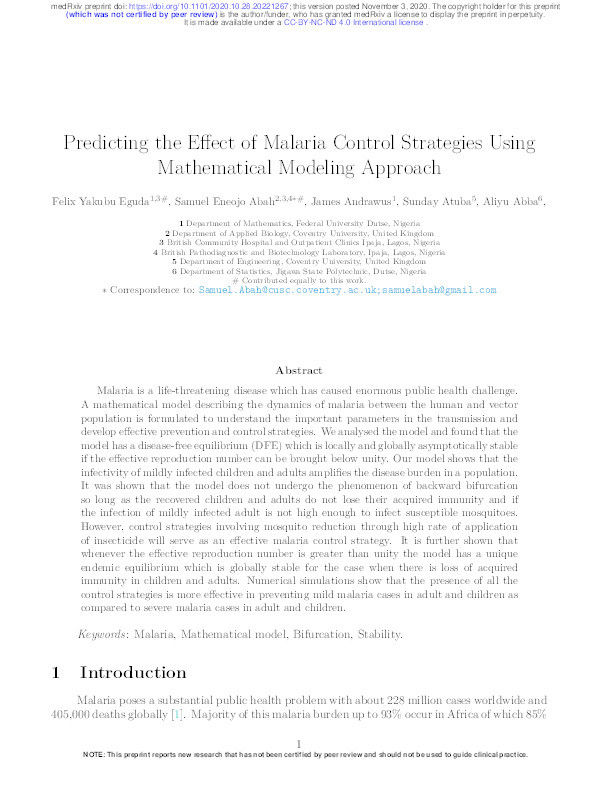 Predicting the effect of Malaria control strategies using mathematical modeling approach Thumbnail