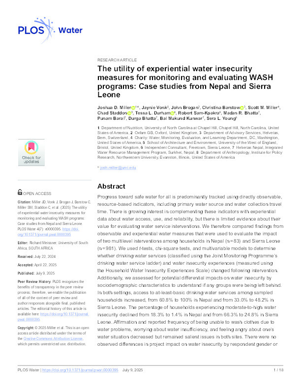 The utility of experiential water insecurity measures for monitoring and evaluating WASH programs: Case studies from Nepal and Sierra Leone Thumbnail