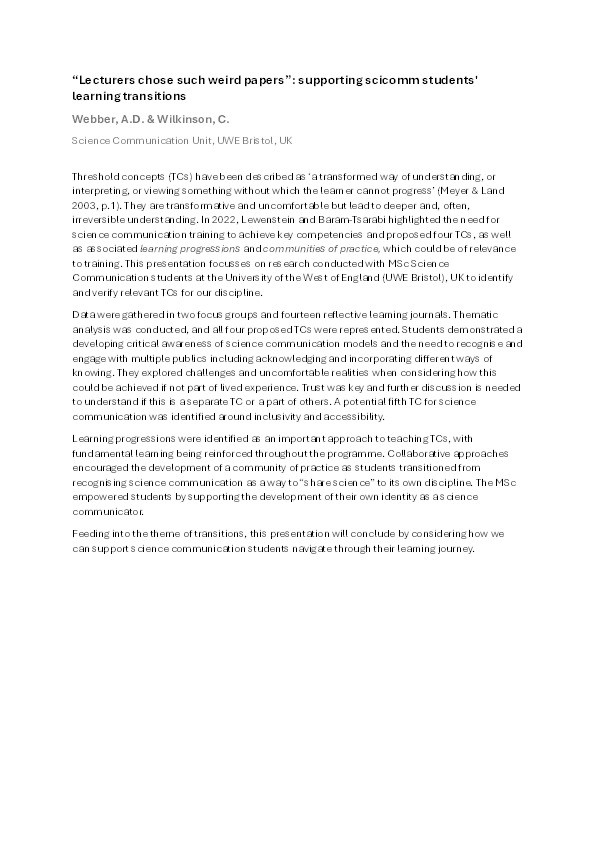 “Lecturers chose such weird papers”: supporting scicomm students' learning transitions Thumbnail