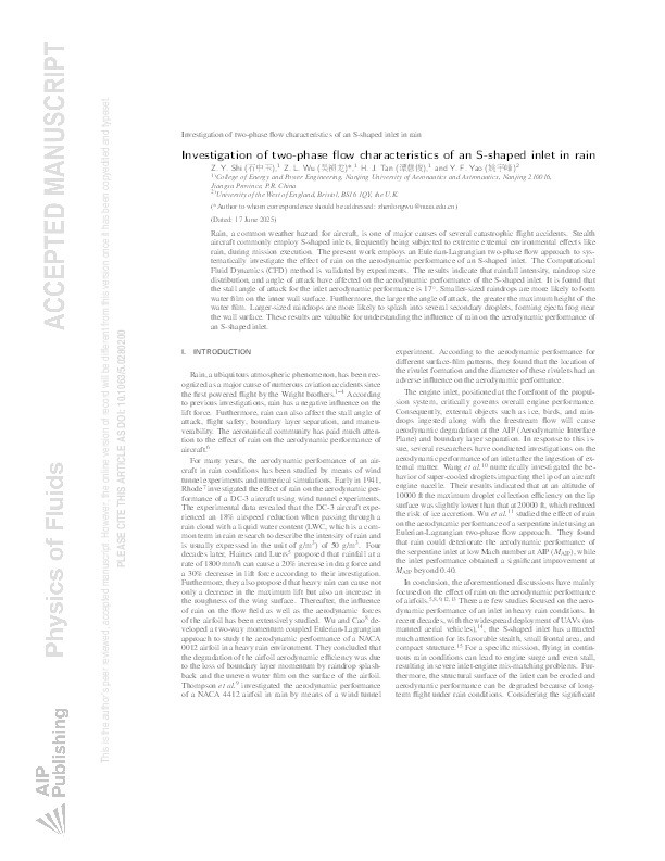 Investigation of two-phase flow characteristics of an S-shaped inlet in rain Thumbnail
