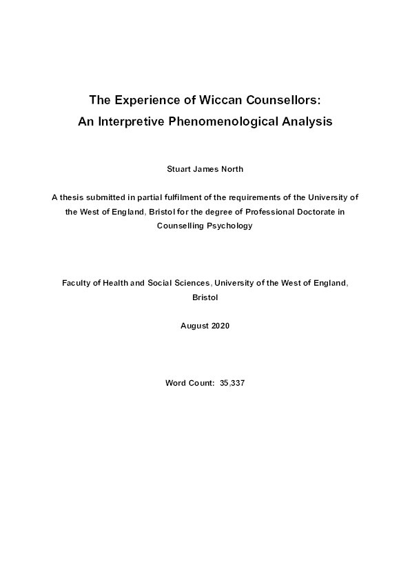The experience of Wiccan counsellors: An interpretive phenomenological analysis Thumbnail