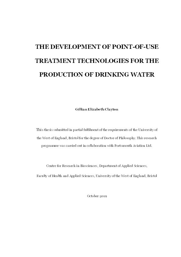 The development of point-of-use treatment technologies for the production of drinking water Thumbnail