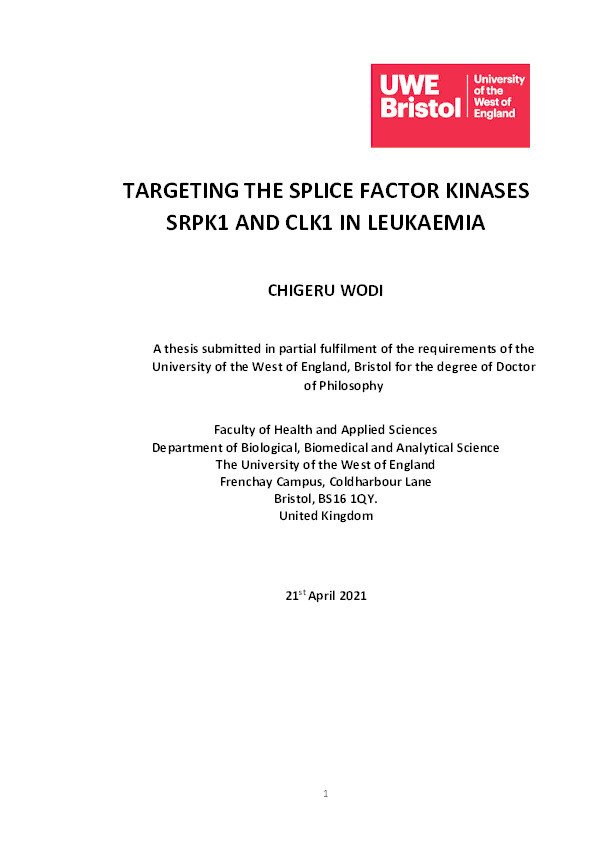 Targeting the splice factor kinases SRPK1 and CLK1 in leukaemia Thumbnail