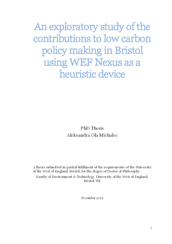 	 An exploratory study of the contributions to low carbon policy making in Bristol using WEF Nexus as a heuristic device Thumbnail