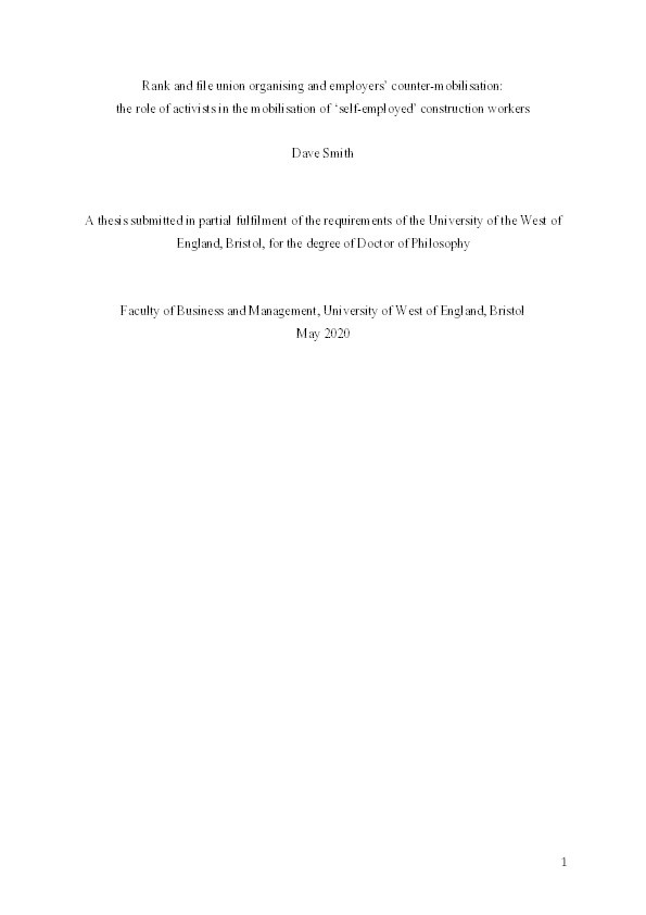 Rank and file union organising and employers’ counter-mobilisation: The role of activists in the mobilisation of 'self-employed' construction workers Thumbnail