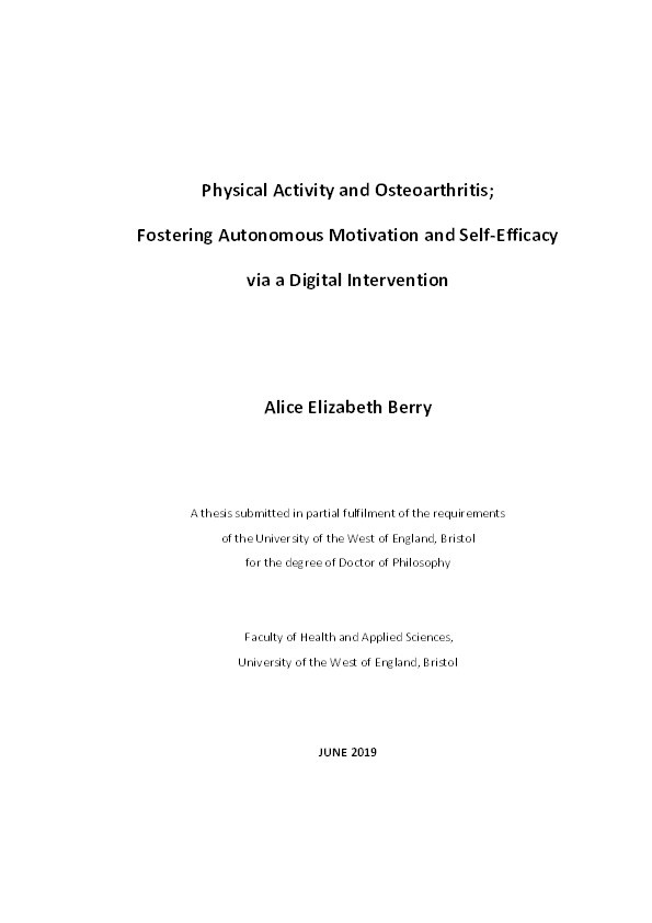 Physical activity and osteoarthritis; Fostering autonomous motivation and self-efficacy via a digital intervention Thumbnail