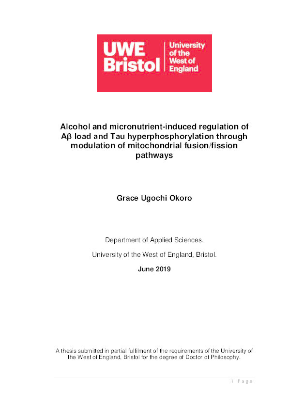 Alcohol and micronutrient-induced regulation of Aβ load and Tau hyperphosphorylation through modulation of mitochondrial fusion/fission pathways Thumbnail