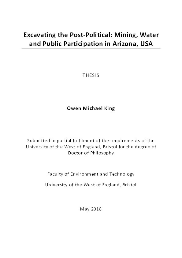 Excavating the post-political: Mining, water and public participation in Arizona, USA Thumbnail