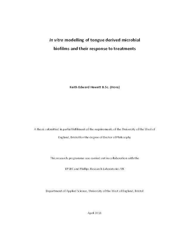 In vitro modelling of tongue derived microbial biofilms and their reponse to treatment Thumbnail