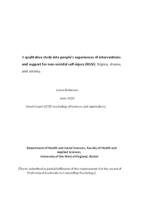 A qualitative study into people’s experiences of interventions and support for non-suicidal self-injury (NSSI): Stigma, shame, and society Thumbnail