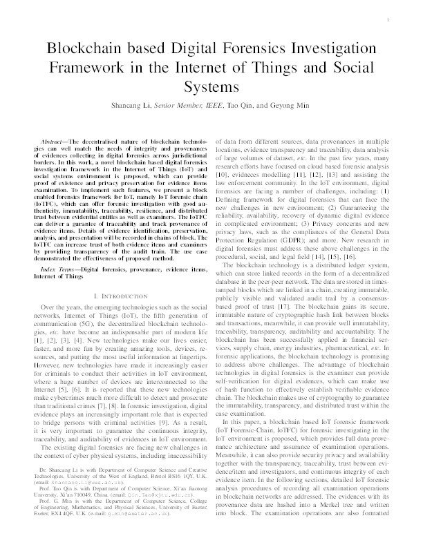 Blockchain based digital forensics investigation framework in the internet of things and social systems Thumbnail