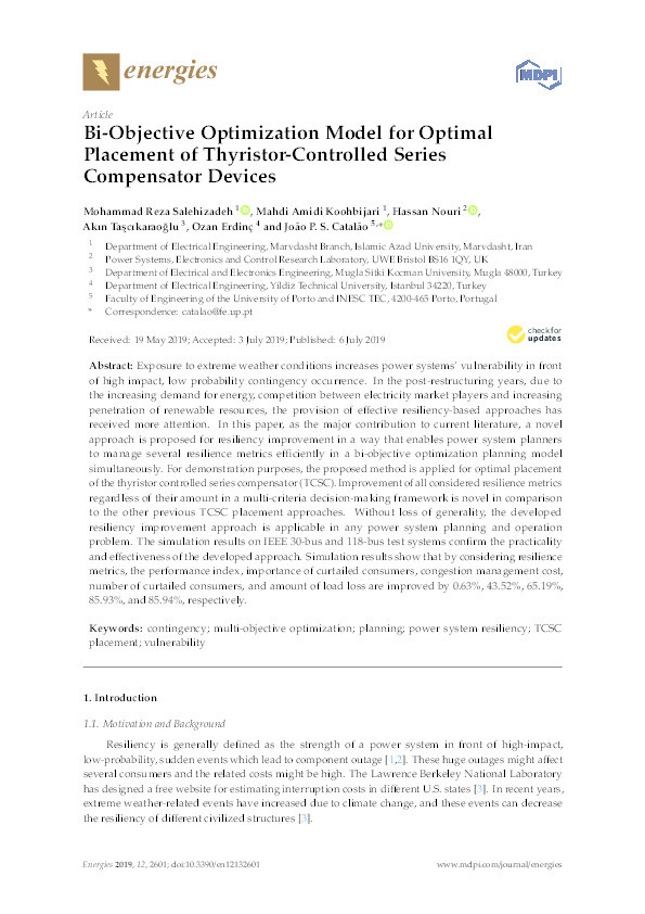 Bi-objective optimization model for optimal placement of thyristor-controlled series compensator devices Thumbnail