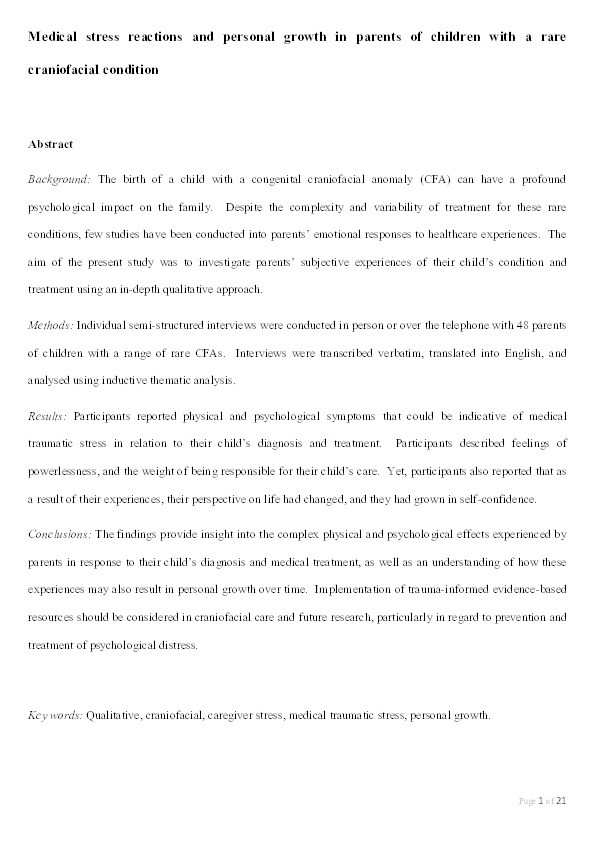 Medical Stress Reactions and Personal Growth in Parents of Children With a Rare Craniofacial Condition Thumbnail