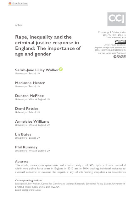 Rape, inequality and the criminal justice response in England: The importance of age and gender Thumbnail