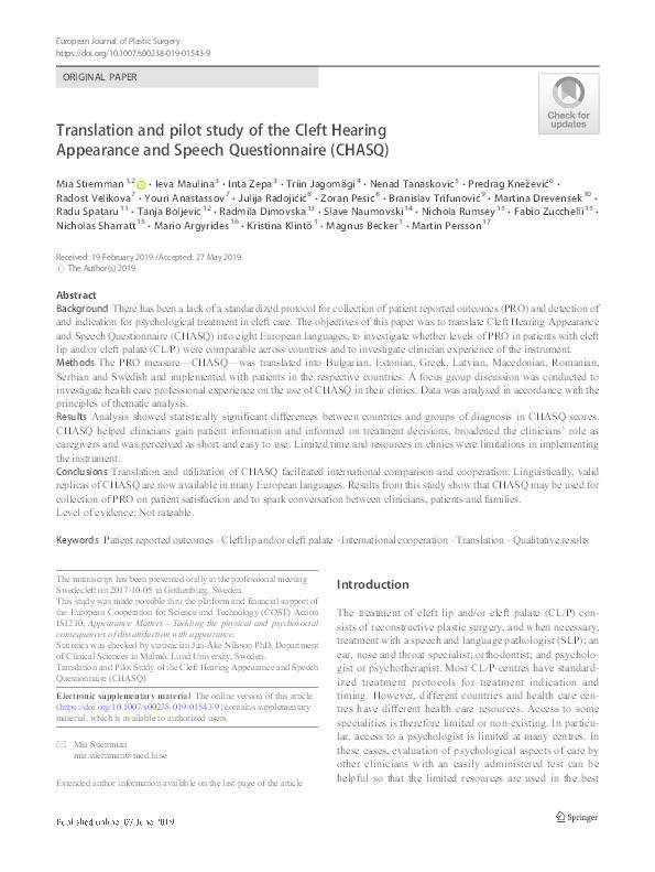 Translation and pilot study of the Cleft Hearing Appearance and Speech Questionnaire (CHASQ) Thumbnail
