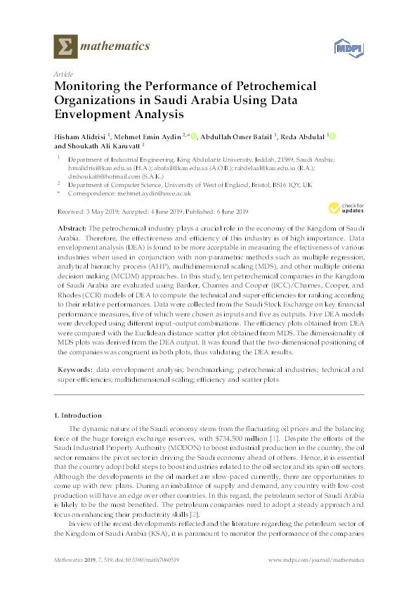 Monitoring the performance of petrochemical organizations in Saudi Arabia using data envelopment analysis Thumbnail