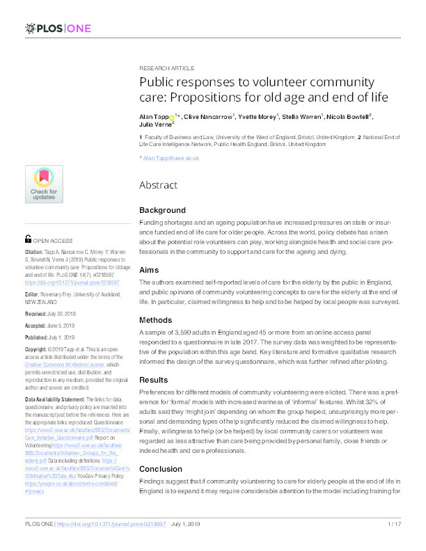 Public responses to volunteer community care: Propositions for old age and end of life Thumbnail