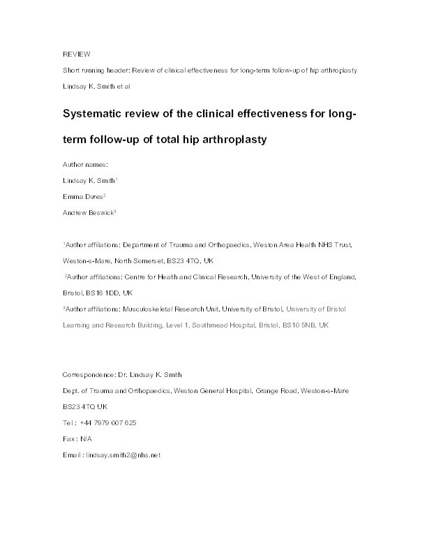 Systematic review of the clinical effectiveness for long-term follow-up of total hip arthroplasty Thumbnail