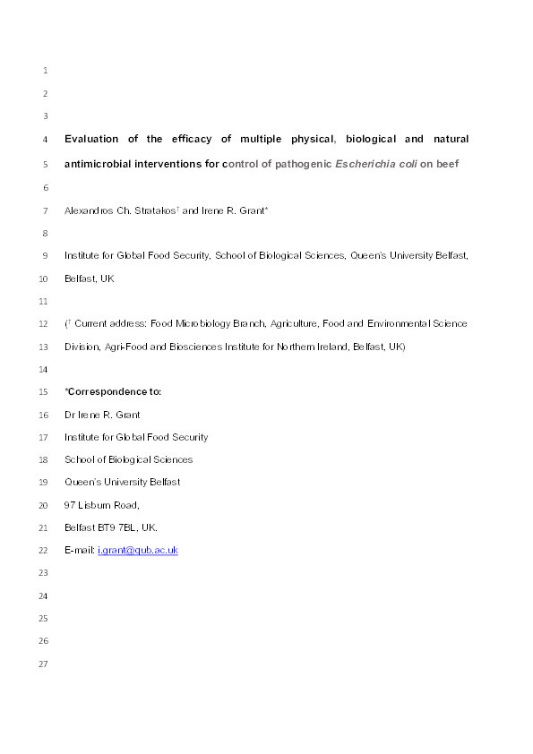 Evaluation of the efficacy of multiple physical, biological and natural antimicrobial interventions for control of pathogenic Escherichia coli on beef Thumbnail