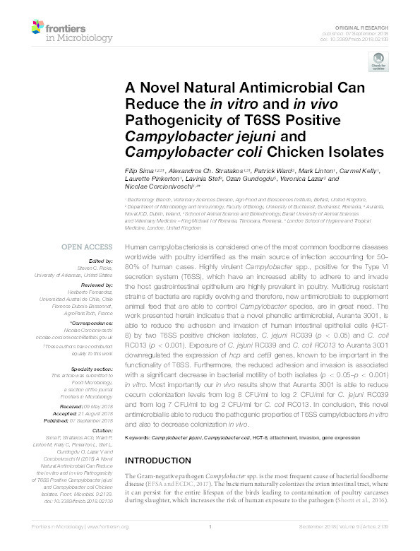 A novel natural antimicrobial can reduce the in vitro and in vivo pathogenicity of T6SS positive Campylobacter jejuni and campylobacter coli chicken isolates Thumbnail