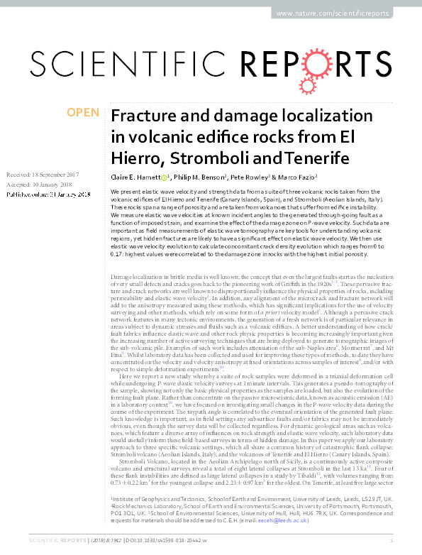 Fracture and damage localization in volcanic edifice rocks from El Hierro, Stromboli and Tenerife Thumbnail