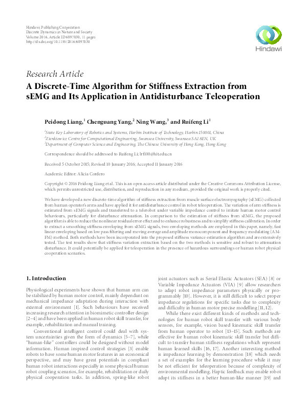 A Discrete-Time Algorithm for Stiffness Extraction from sEMG and Its Application in Antidisturbance Teleoperation Thumbnail