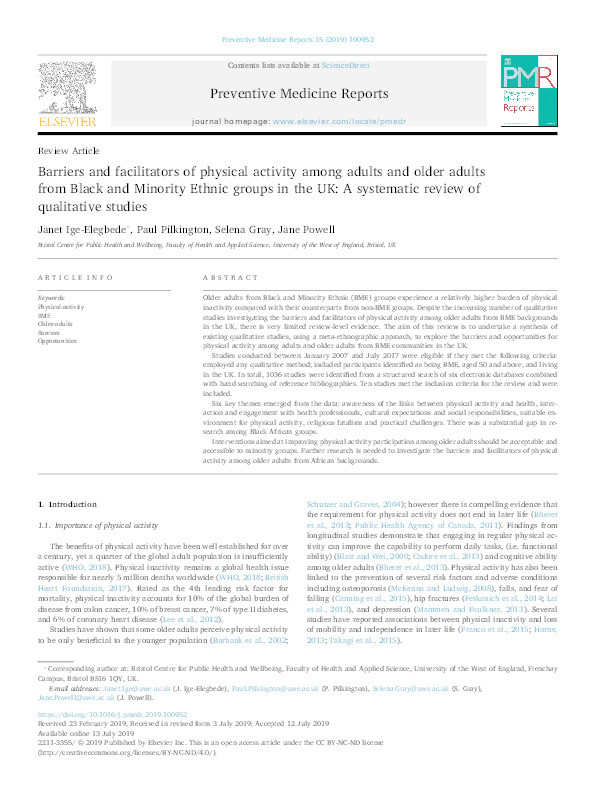 Barriers and facilitators of physical activity among adults and older adults from Black and Minority Ethnic groups in the UK: A systematic review of qualitative studies Thumbnail