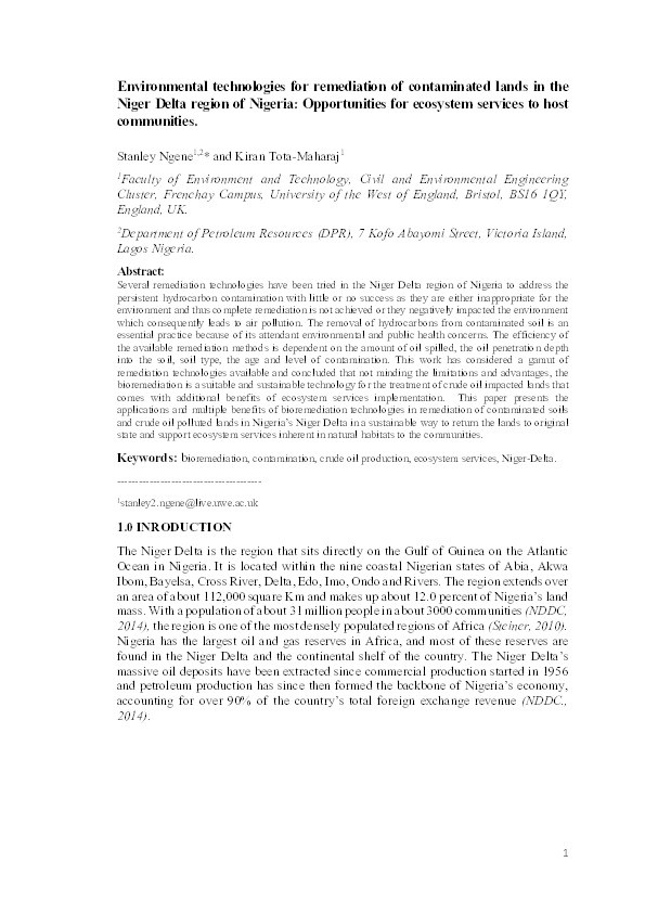 Environmental technologies for remediation of contaminated lands in the Niger Delta region of Nigeria: Opportunities for ecosystem services to host communities Thumbnail