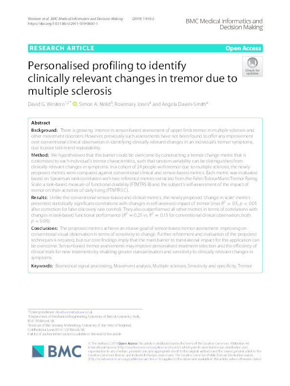 Personalised profiling to identify clinically relevant changes in tremor due to multiple sclerosis Thumbnail