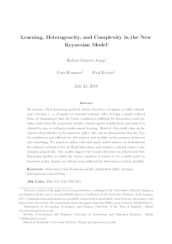 Learning, heterogeneity, and complexity in the New Keynesian model Thumbnail