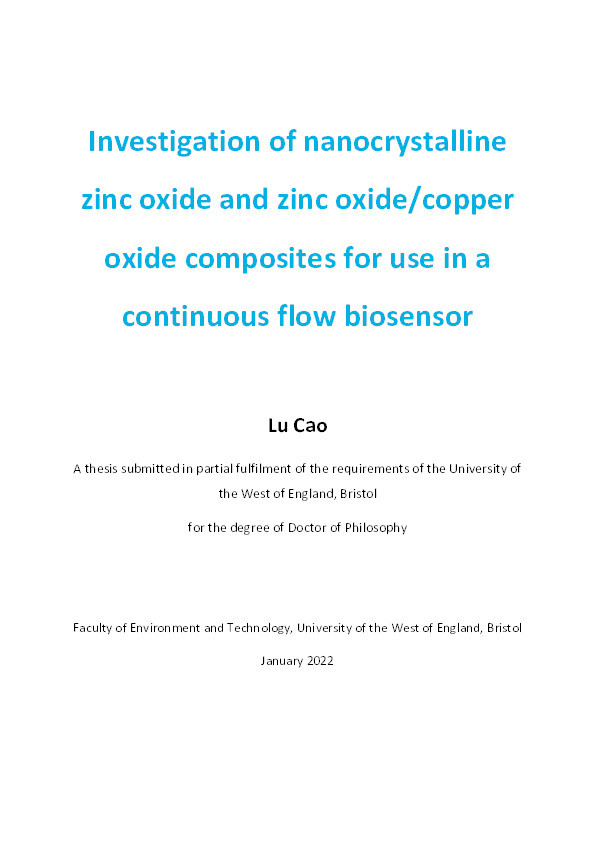 Investigation of nanocrystalline zinc oxide and zinc oxide/copper oxide composites for use in a continuous flow biosensor Thumbnail