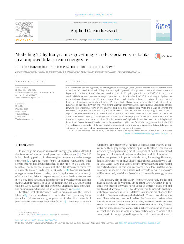 Modelling 3D hydrodynamics governing island-associated sandbanks in a proposed tidal stream energy site Thumbnail