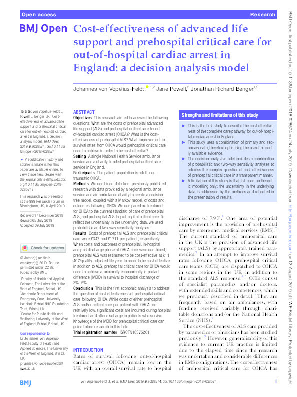 Cost-effectiveness of advanced life support and prehospital critical care for out-of-hospital cardiac arrest in England: a decision analysis model Thumbnail