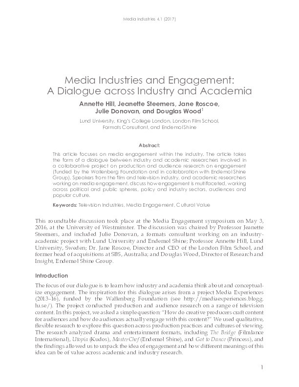 Media industries and engagement: A dialogue across industry and academia Thumbnail