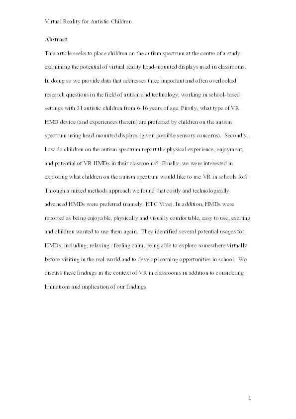 Using virtual reality head-mounted displays with autistic children: Views, experiences and future directions Thumbnail