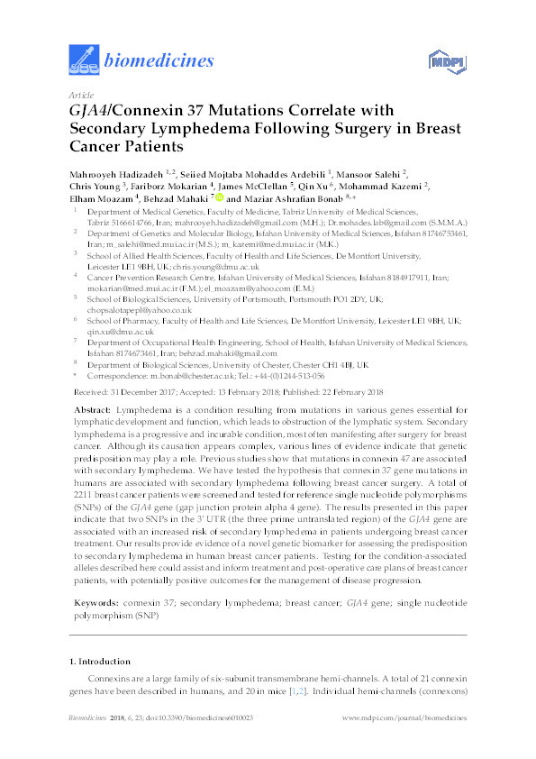 GJA4/connexin 37 mutations correlate with secondary lymphedema following surgery in breast cancer patients Thumbnail