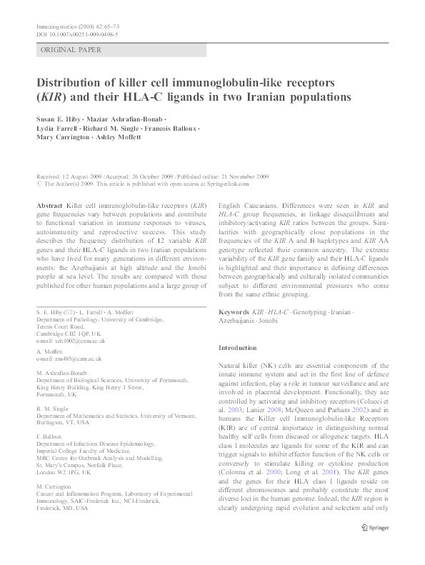 Distribution of killer cell immunoglobulin-like receptors (KIR) and their HLA-C ligands in two Iranian populations Thumbnail